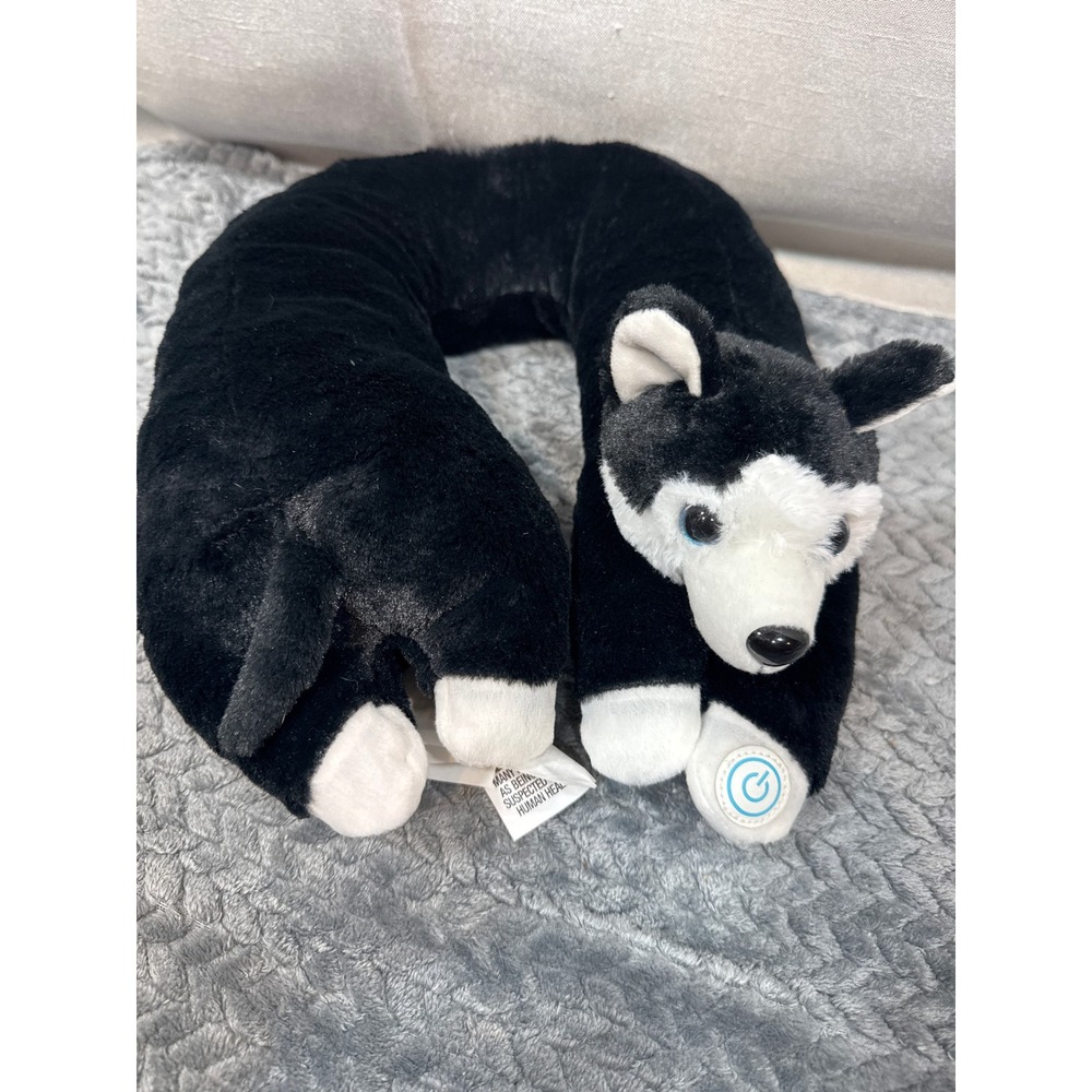 Husky Dog Plush Neck Pillow Black White Travel Support Animal Headrest 31in